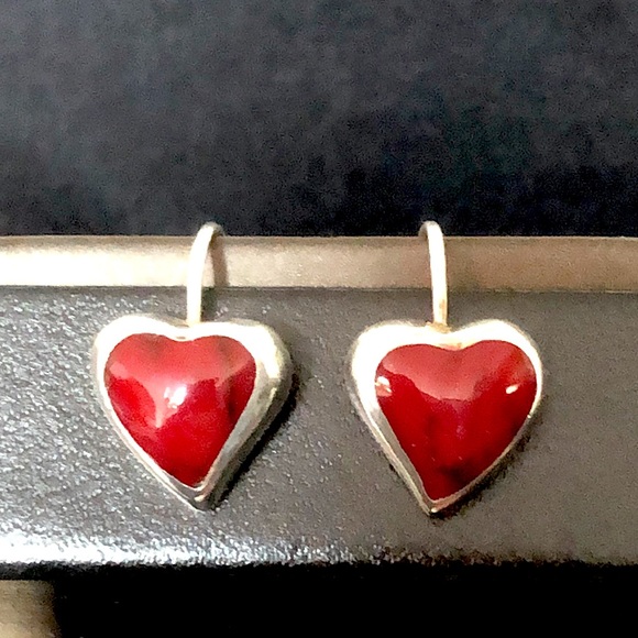 TAXCO Sterling Silver Red Jasper Heart Cabochon Drop Dangle Earrings - Picture 11 of 16